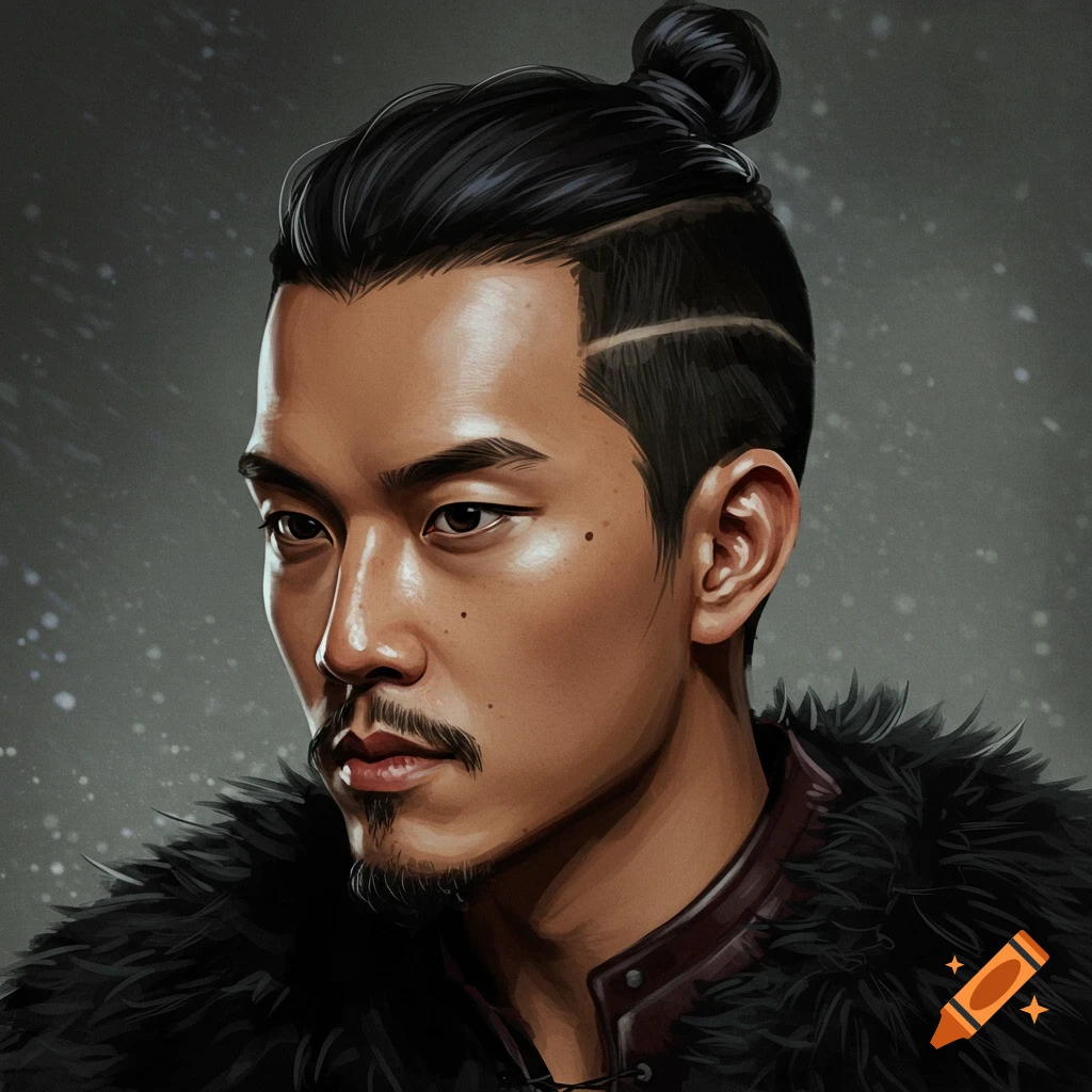 A stylized portrait of an Asian man with a top knot, shaved sides, and a goatee, wearing a dark fur coat, looking to the side.