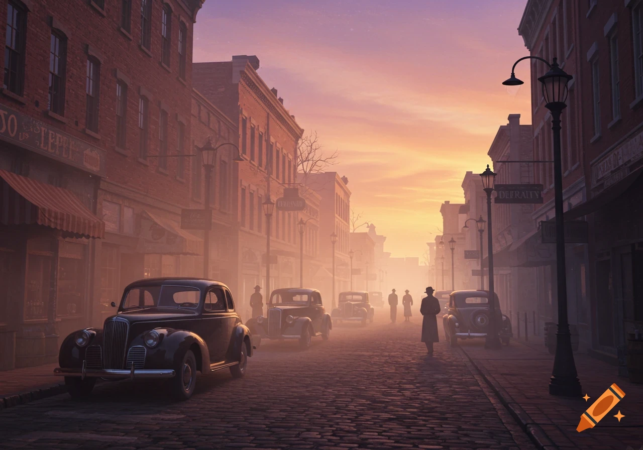 A foggy 1940s downtown street at sunset with vintage cars and silhouetted people on a cobblestone road.