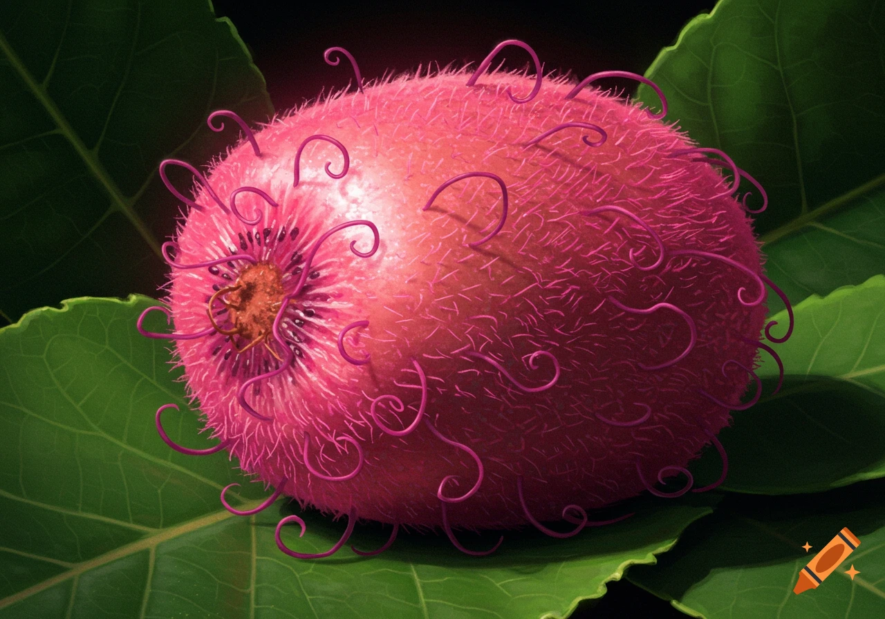 A pink, fuzzy, almond-shaped kiwi fruit with long, curly magenta hairs sits on large green leaves.
