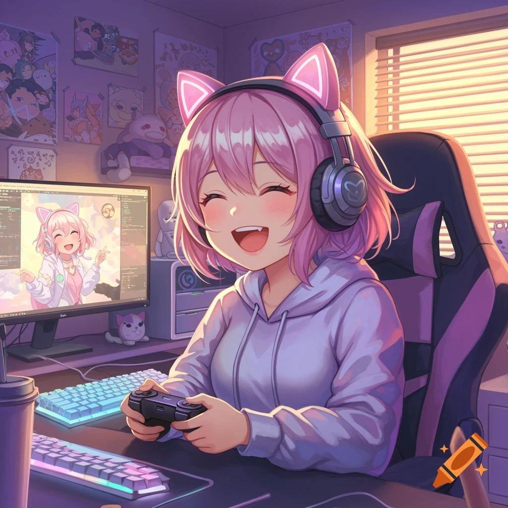 A cute anime girl with pink hair and cat ear headphones laughs while playing a video game in a purple-lit room.