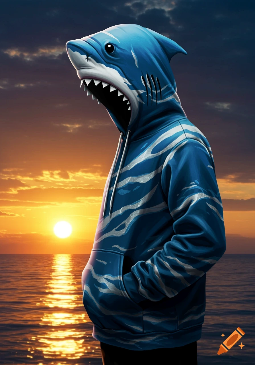 A person in a blue shark hoodie stands facing left, hands in pockets, against a vibrant sunset over the ocean.