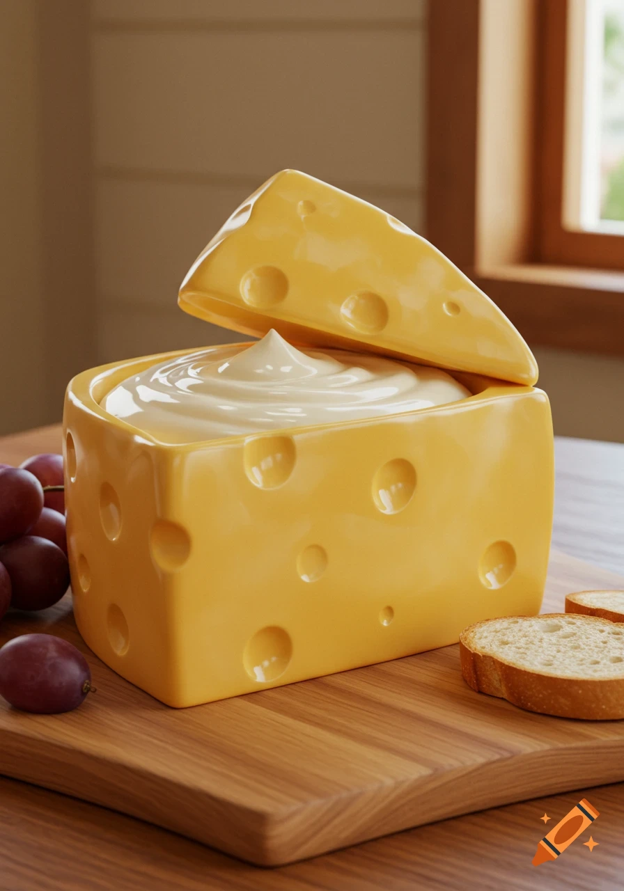 A photorealistic image of a cheese wedge-shaped dip container filled with a creamy dip, placed on a wooden board with grapes and bread slices.