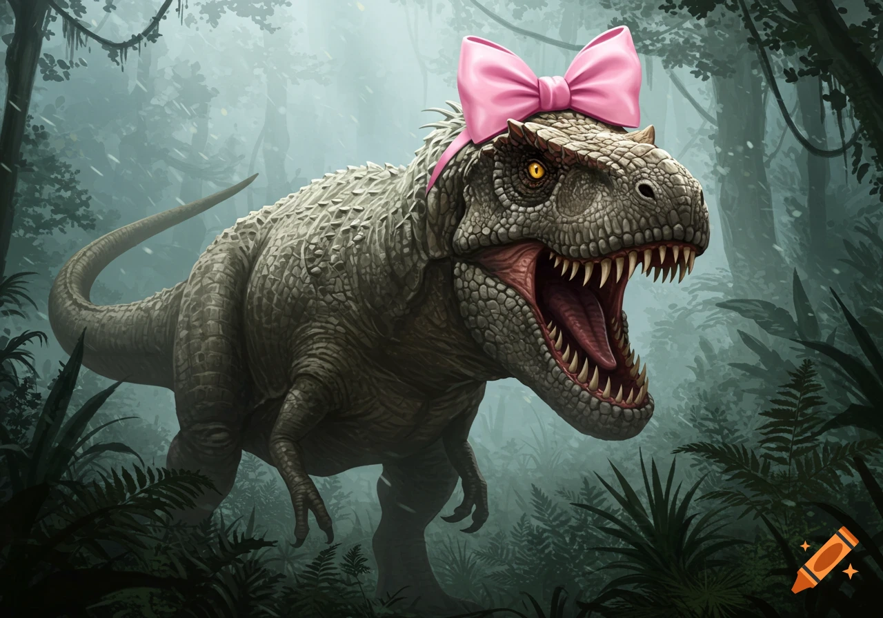 A large, realistic Tyrannosaurus Rex with a pink bow on its head stands in a misty, dark jungle environment, mouth open.