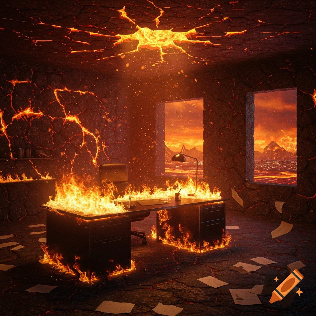 A desktop office is engulfed in flames, with cracks of lava on the walls and ceiling, and a hellish, fiery landscape visible through the windows.