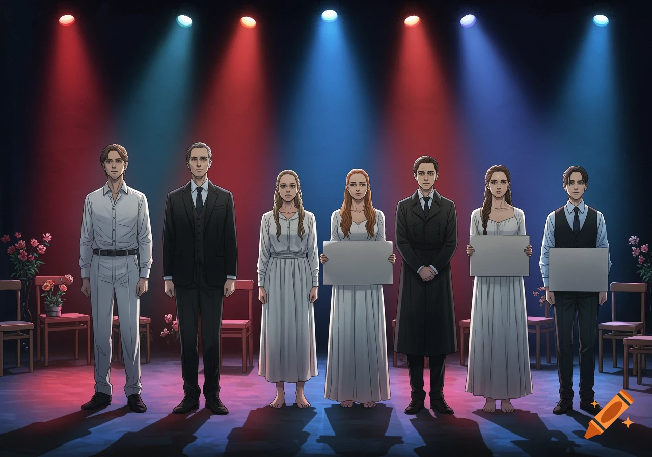 Seven serious-looking people in theatrical costumes stand on a stage with dramatic red and blue lighting, each holding a blank protest sign, cartoon style.