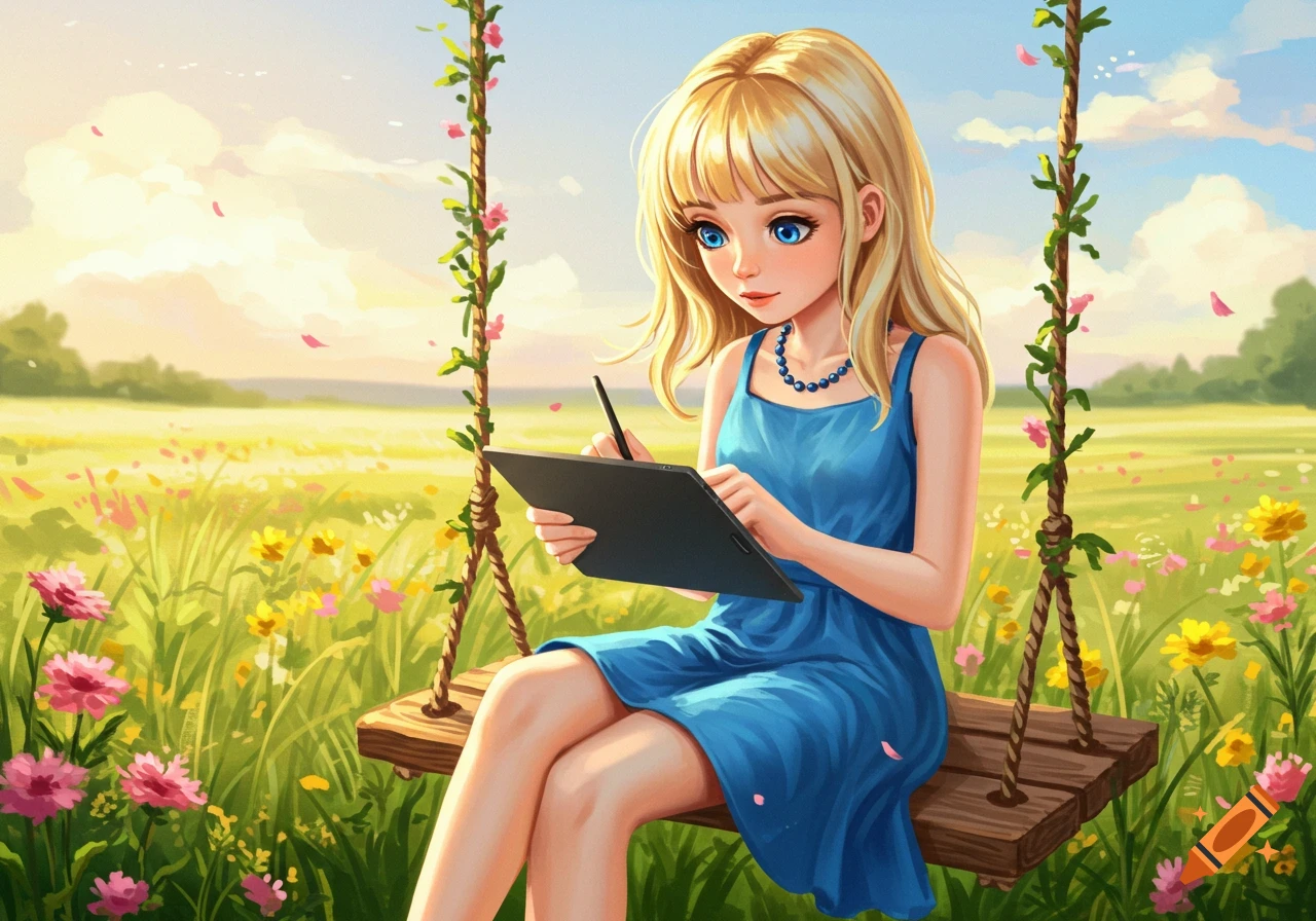 Blonde girl in a blue dress drawing on a tablet while sitting on a swing in a vibrant flowery field, anime style.