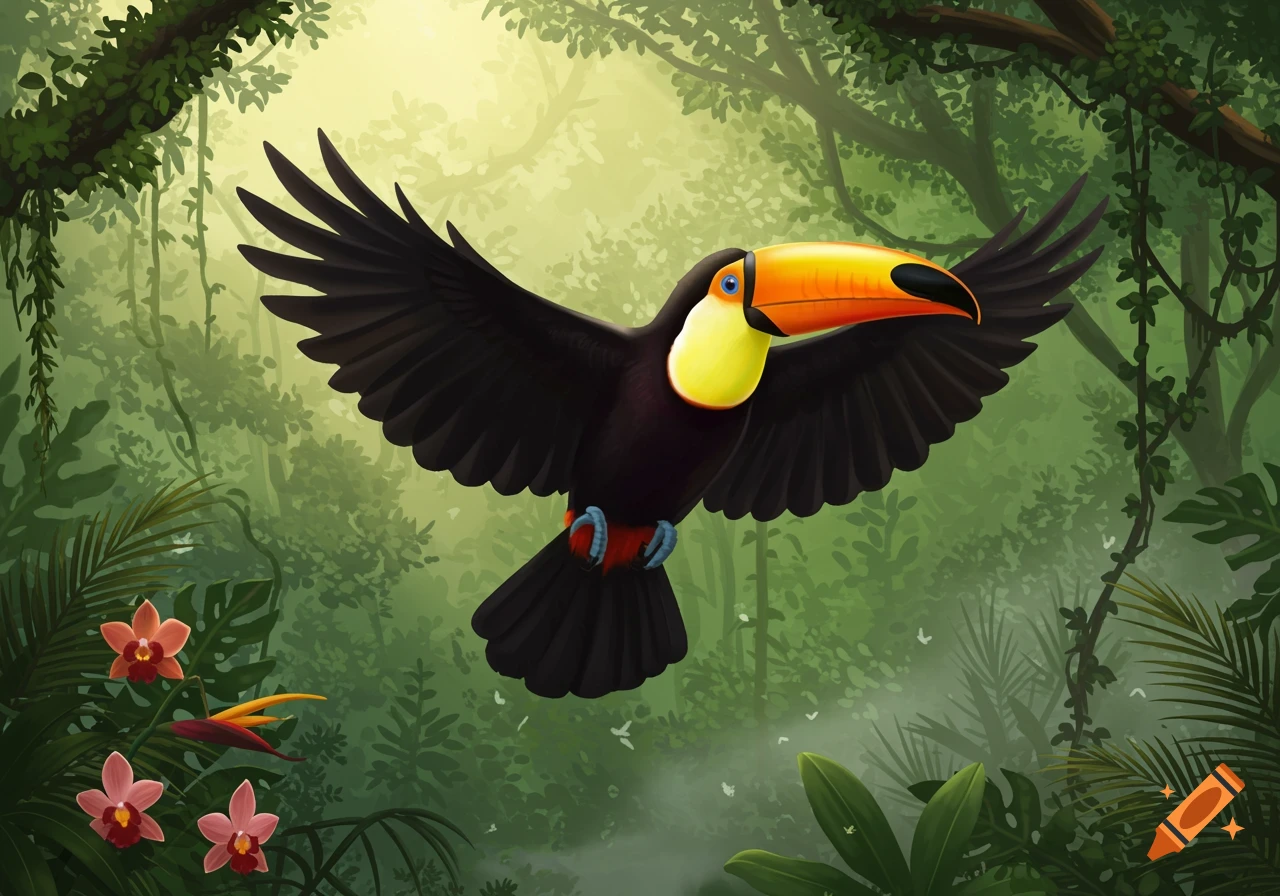 A colorful toucan with an orange beak flies through a vibrant green jungle with lush foliage and pink orchids.