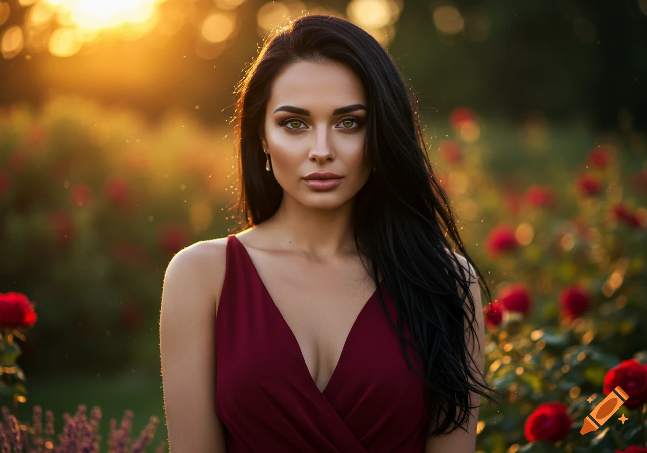 A photorealistic portrait of a woman with long dark hair and green eyes in a red dress, standing among blurred red roses at sunset.
