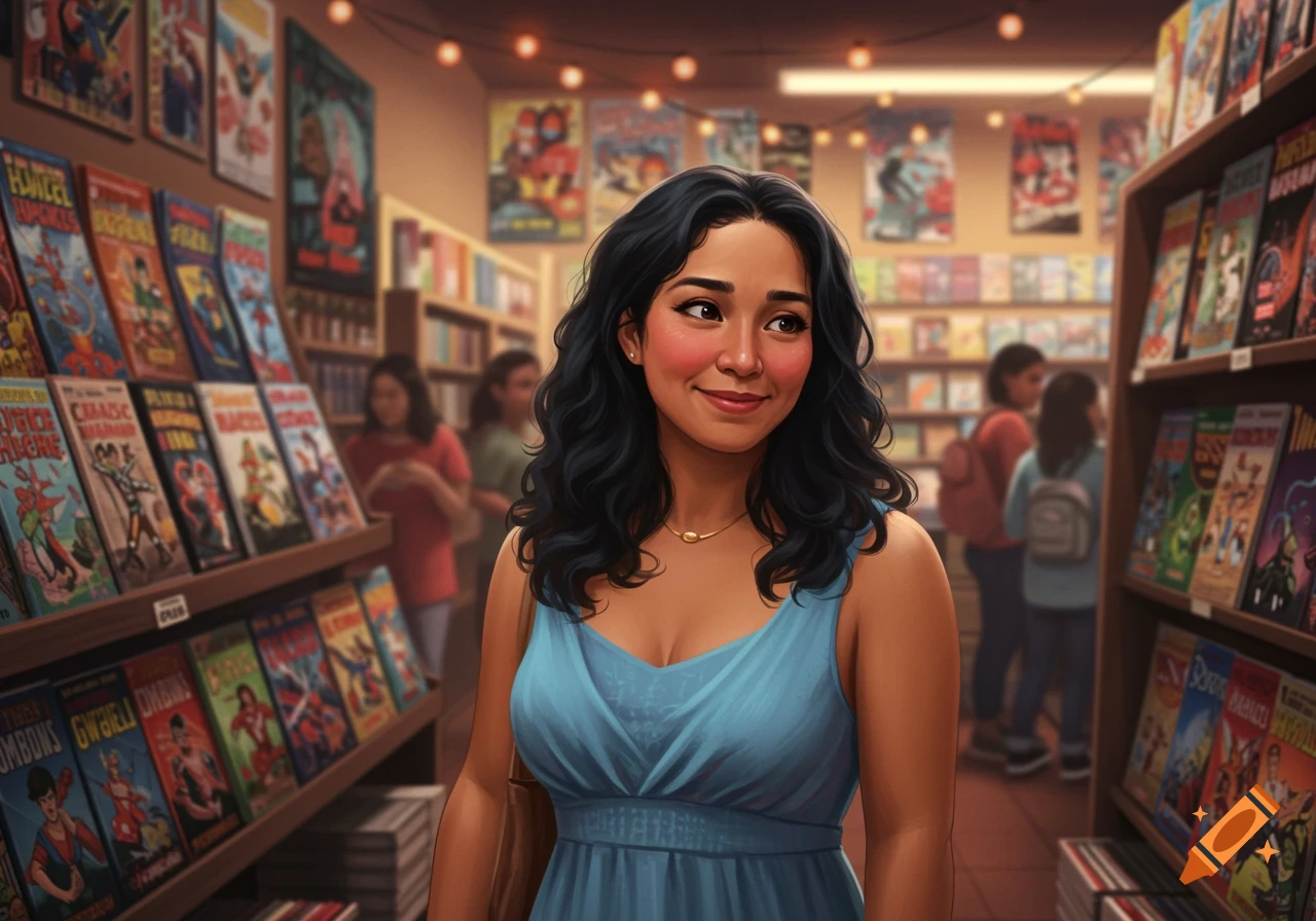 A pretty Latina woman with wavy black hair, blushing in a blue sundress, smiling in a comic book store.