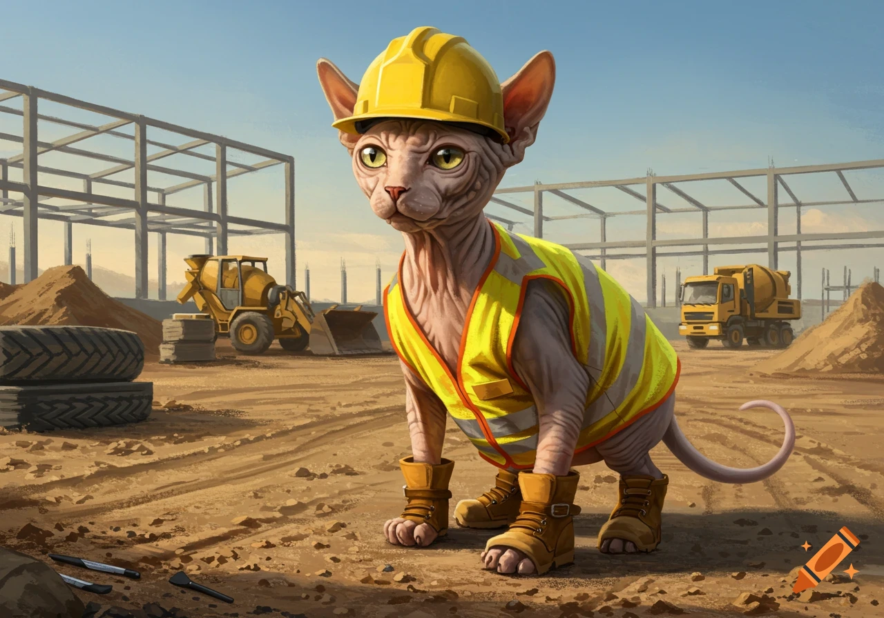 A realistic Sphynx cat in a yellow hard hat and safety vest stands at a construction site with machinery.