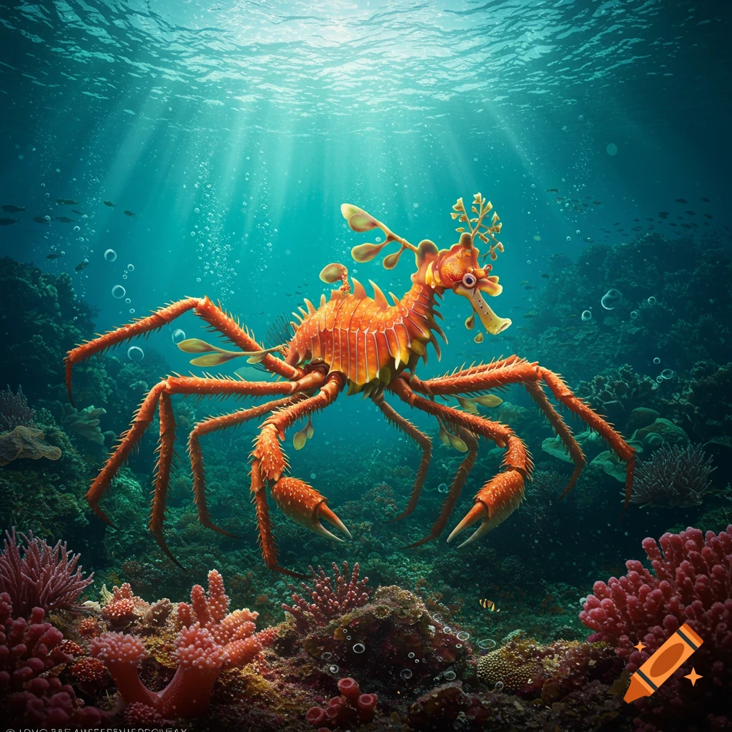 An orange hybrid creature of a Japanese spider crab and a leafy sea dragon swims among coral reefs in clear, sunlit blue water.