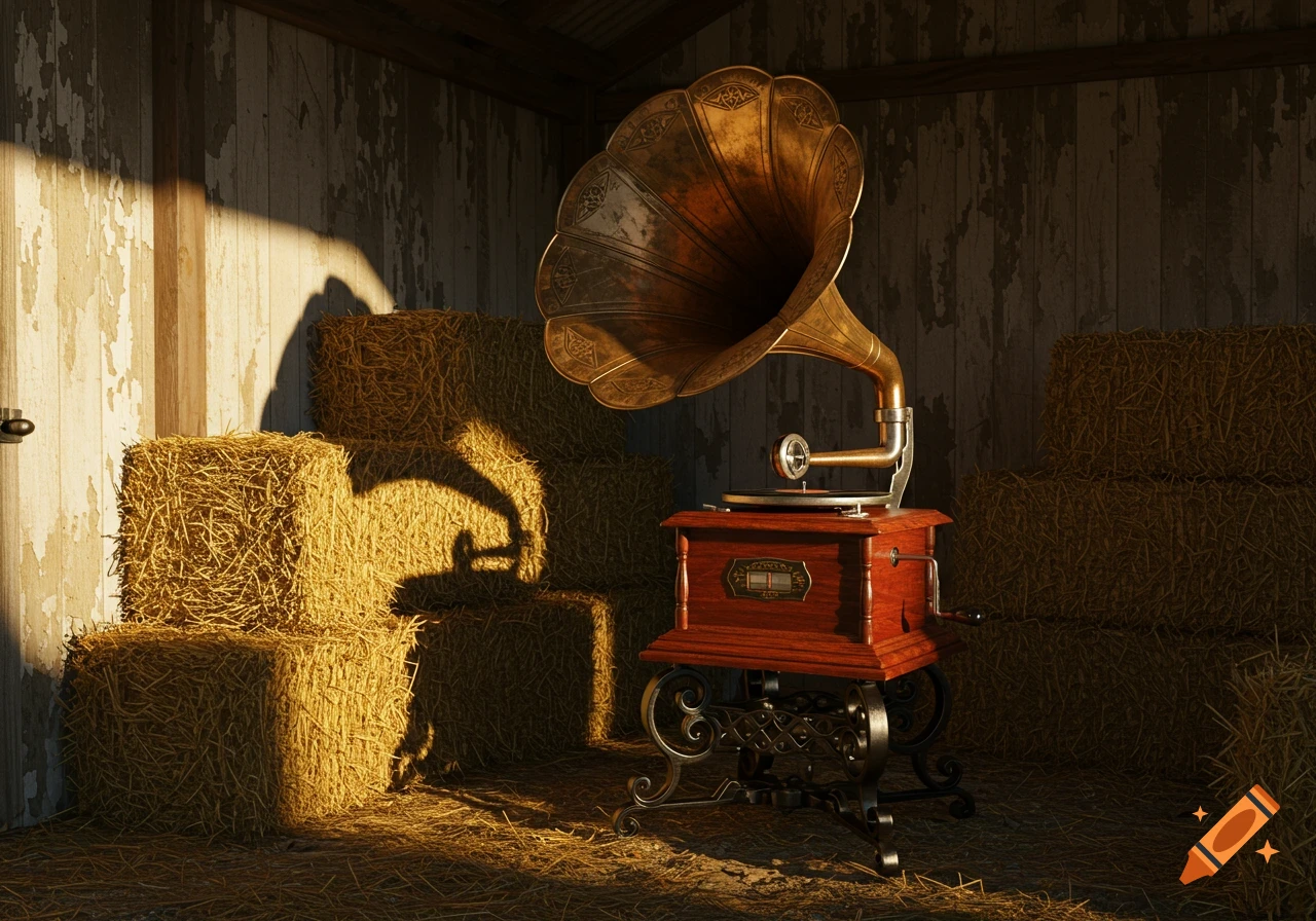 A vintage brass gramophone and hay bales bathed in sunlight inside a rustic barn. Photorealistic style.
