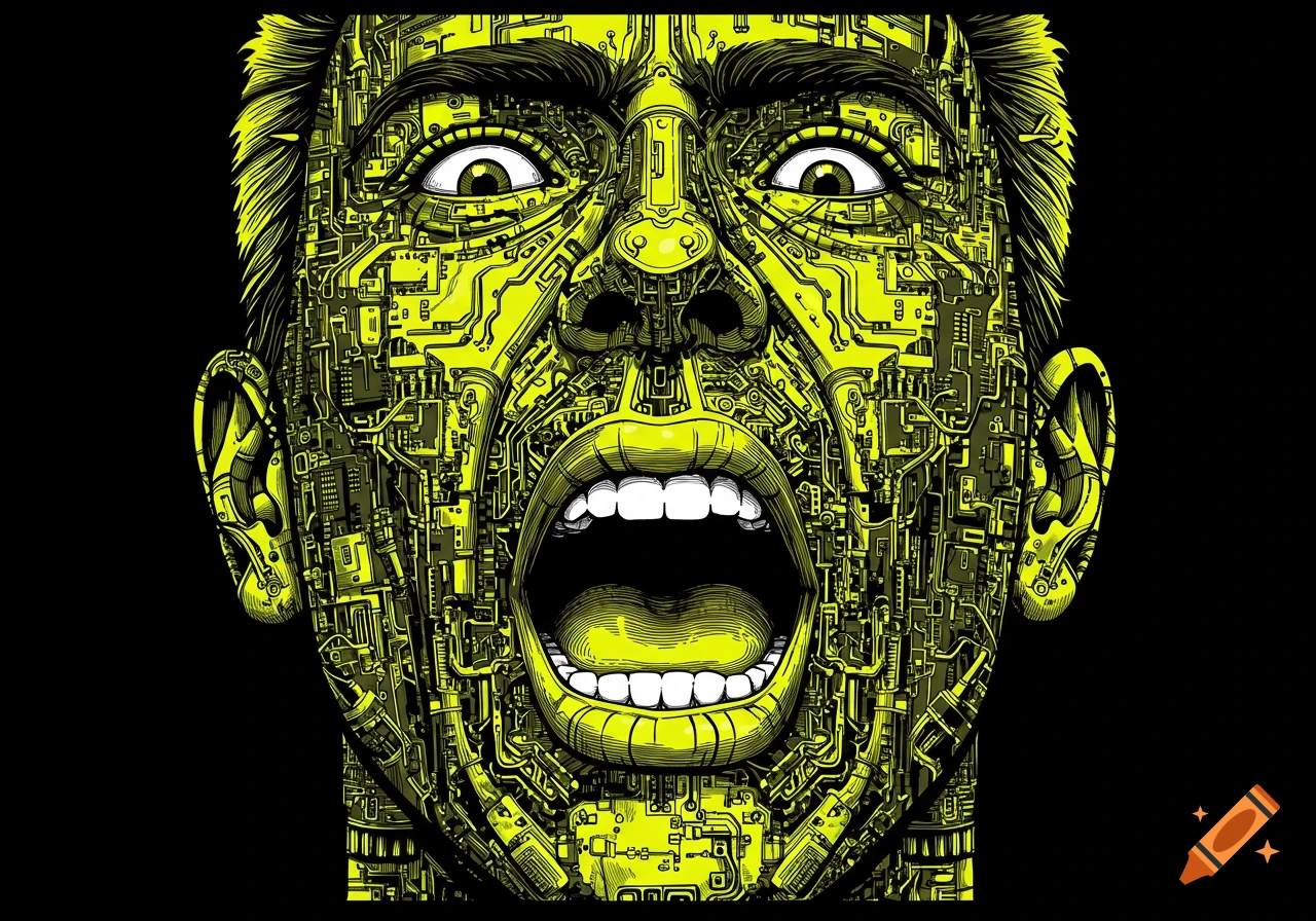A highly detailed yellow and black 2D line art illustration of a screaming man's face, made entirely of circuit board components, with a fisheye lens effect.