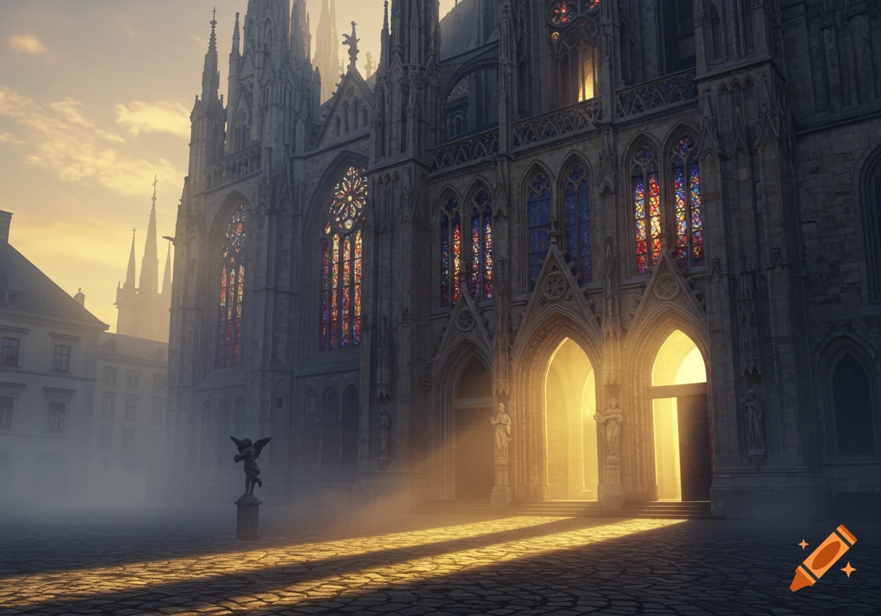 Grand Gothic cathedral bathed in golden light and mist at sunrise, with a statue in the foreground.