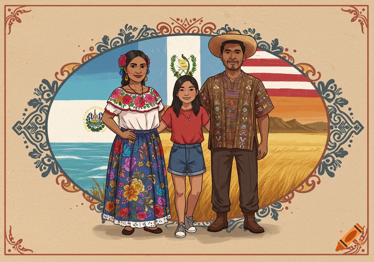 Cartoon family portrait: a woman in traditional dress, a man in a patterned shirt, and a child, in front of blended Guatemalan and US flags.