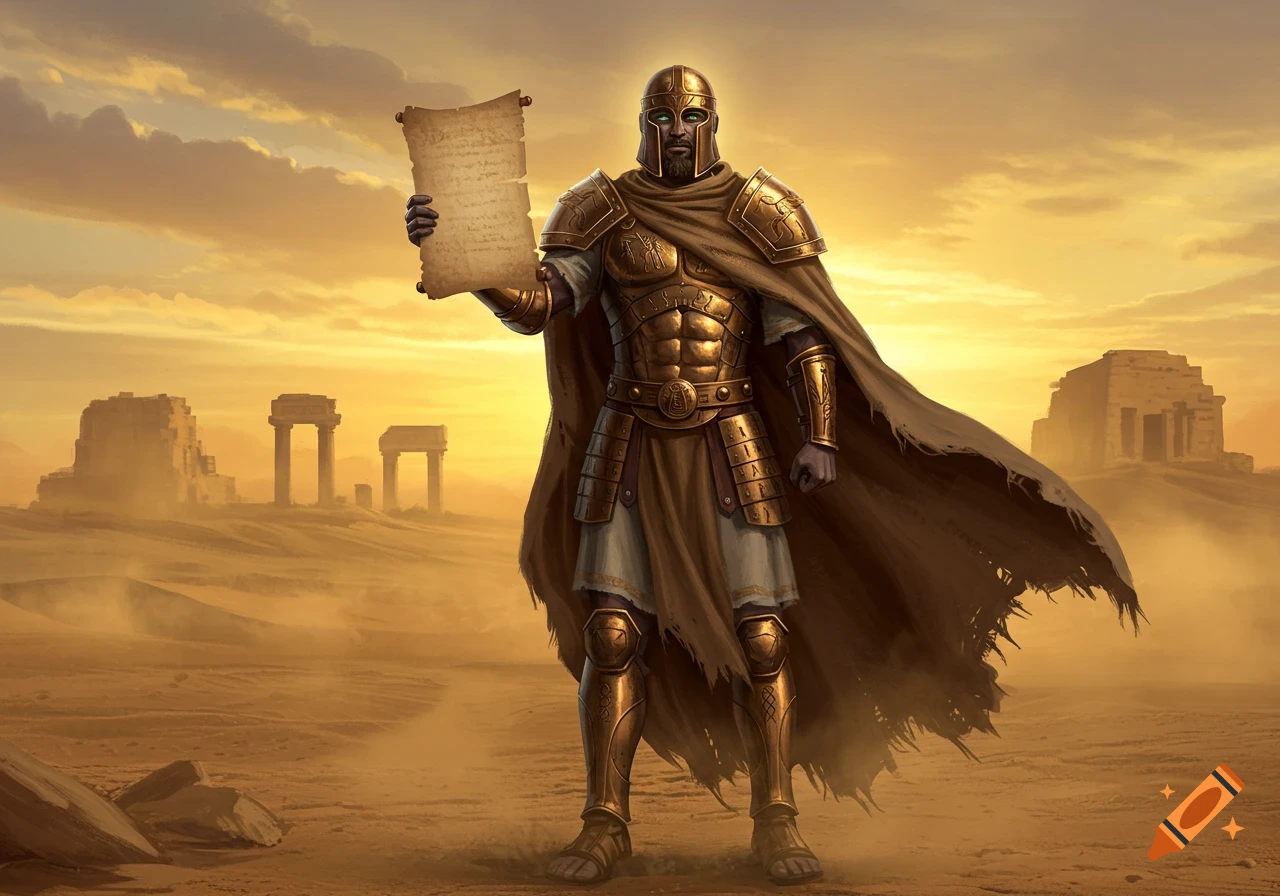 A golden-armored biblical warrior with green eyes stands in a desert holding an ancient scroll, with ruins in the background at sunset.