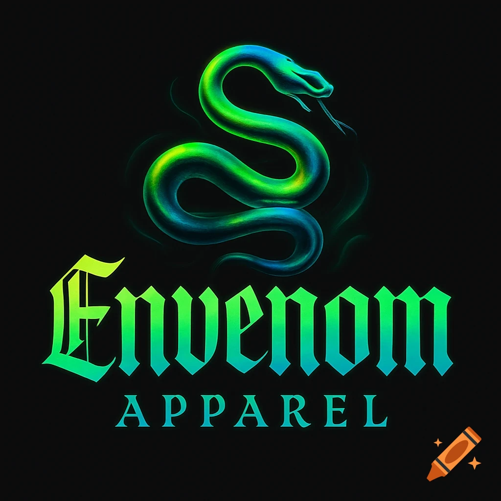 A vibrant green and blue coiled snake logo above 'Envenom APPAREL' text in a gothic font on black.