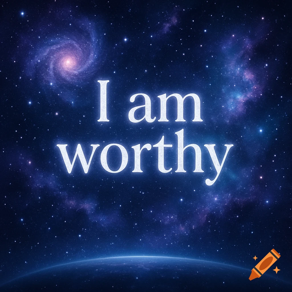 Glowing white text "I am worthy" against a dark blue cosmic background with a swirling galaxy, distant stars, and a curved planet below.