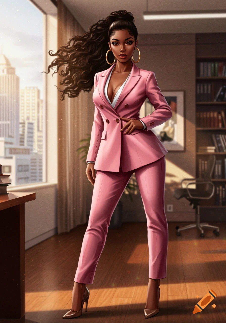 A confident Black woman in a pink pantsuit, white top, and gold hoops stands in an office with a city view, in a stylized illustration.