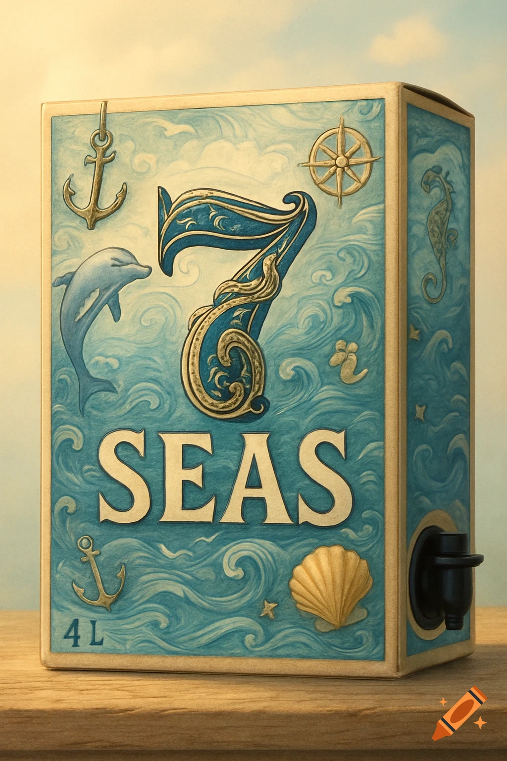A maritime-themed 4L boxed wine carton with a large stylized '7', the word 'SEAS', and oceanic imagery like a dolphin, anchors, and seashells.