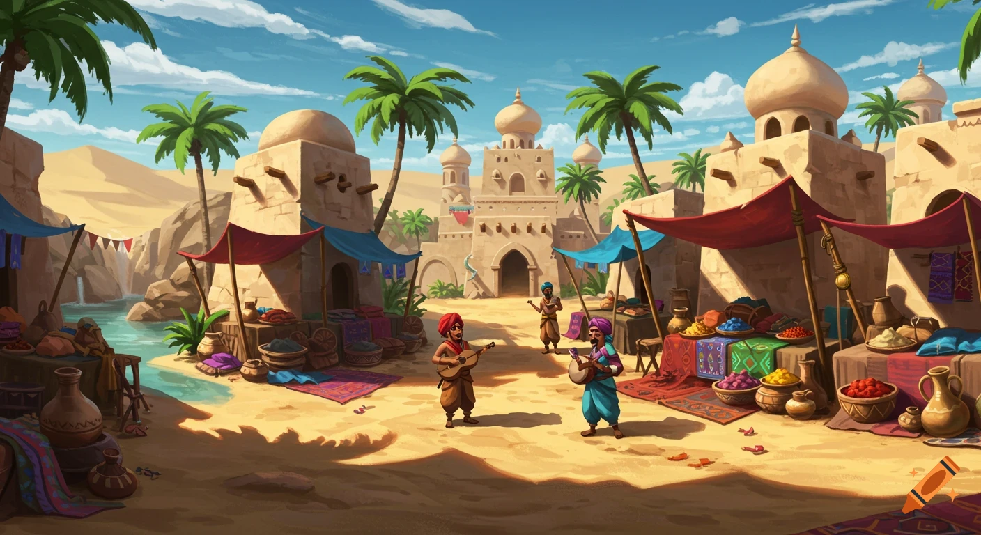 A vibrant cartoon illustration of a bustling desert oasis bazaar with merchants, musicians, and a palace in the background.
