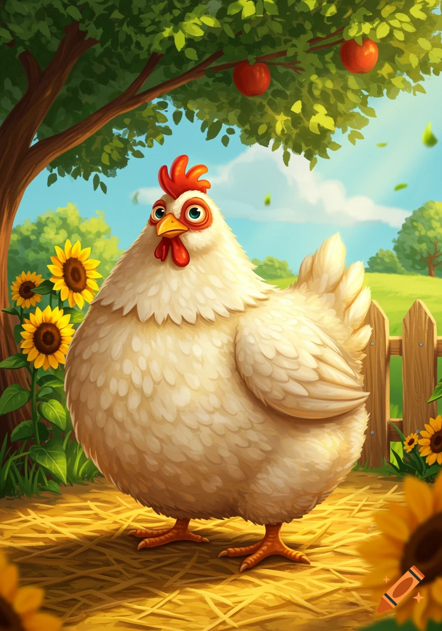 A cute, cartoonish white chicken stands on straw in a sunny farmyard, surrounded by sunflowers and a tree with red apples.