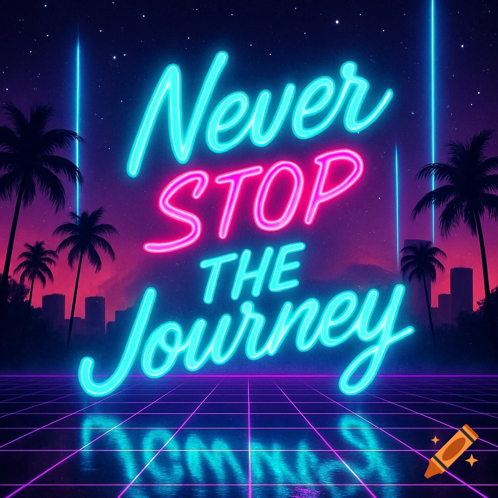 Neon sign with "Never Stop The Journey" in vibrant pink and blue, set against a starry night sky with palm trees and a city skyline above a reflective grid.