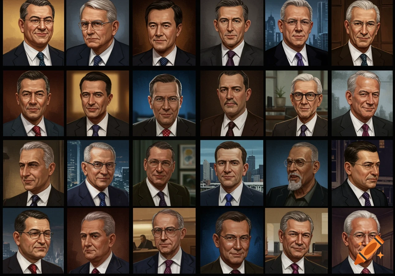 A grid of 24 realistic portraits of diverse businessmen, some with eyeglasses, in suits and ties, against varied backgrounds.