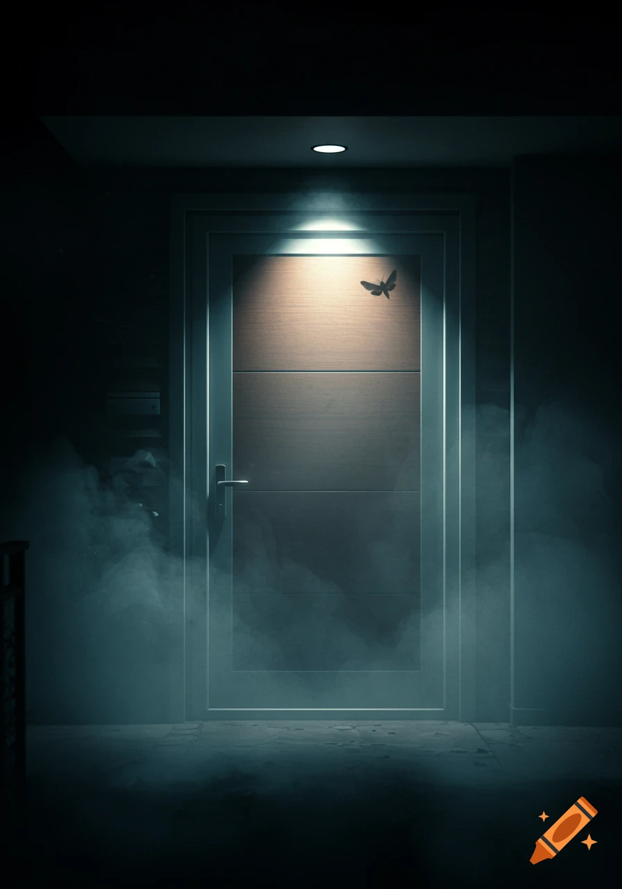 A modern house front door at midnight, lit by a single light, with a moth on it and fog swirling around, in a horror aesthetic.