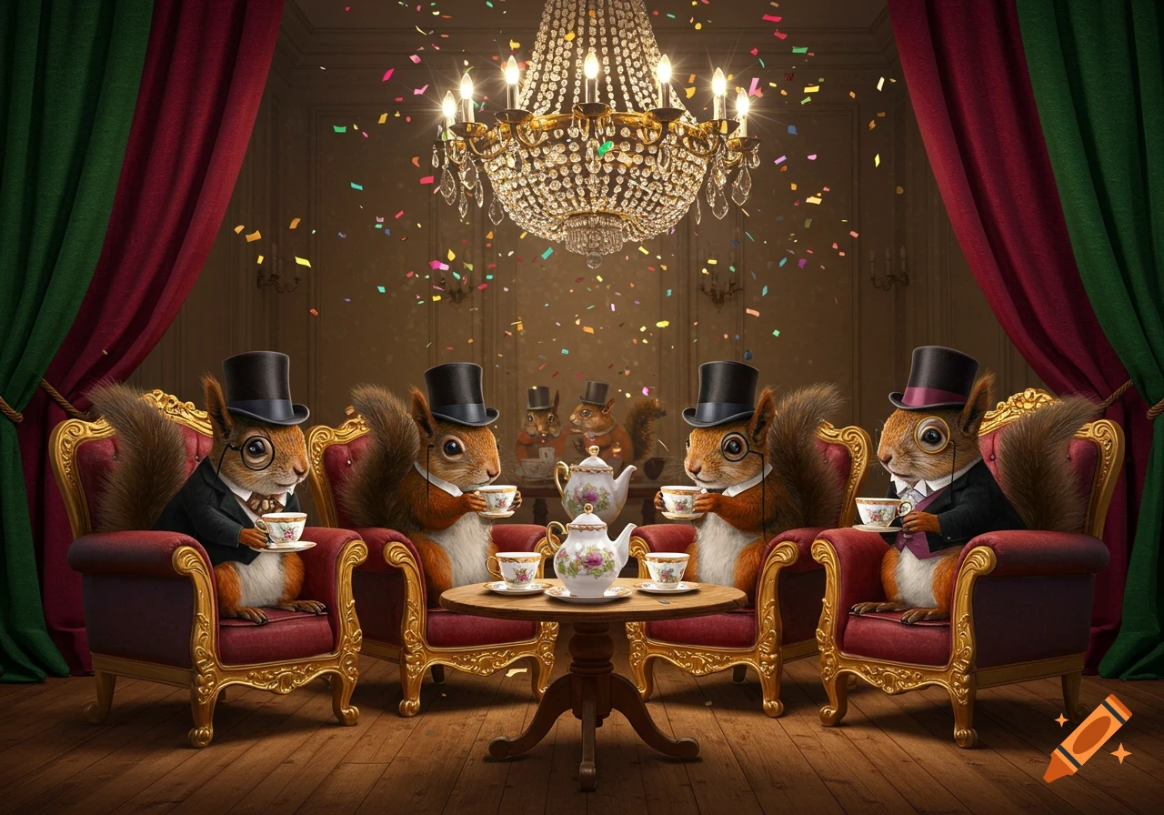 Anthropomorphic squirrels in top hats and suits have a formal tea party under a chandelier with confetti.