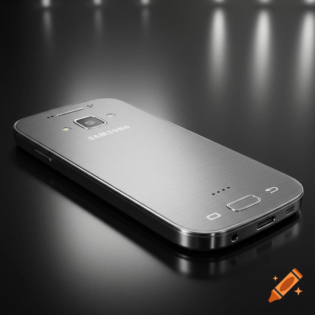 Photorealistic image of a silver Samsung smartphone lying on a dark reflective surface, with subtle reflections in the background.