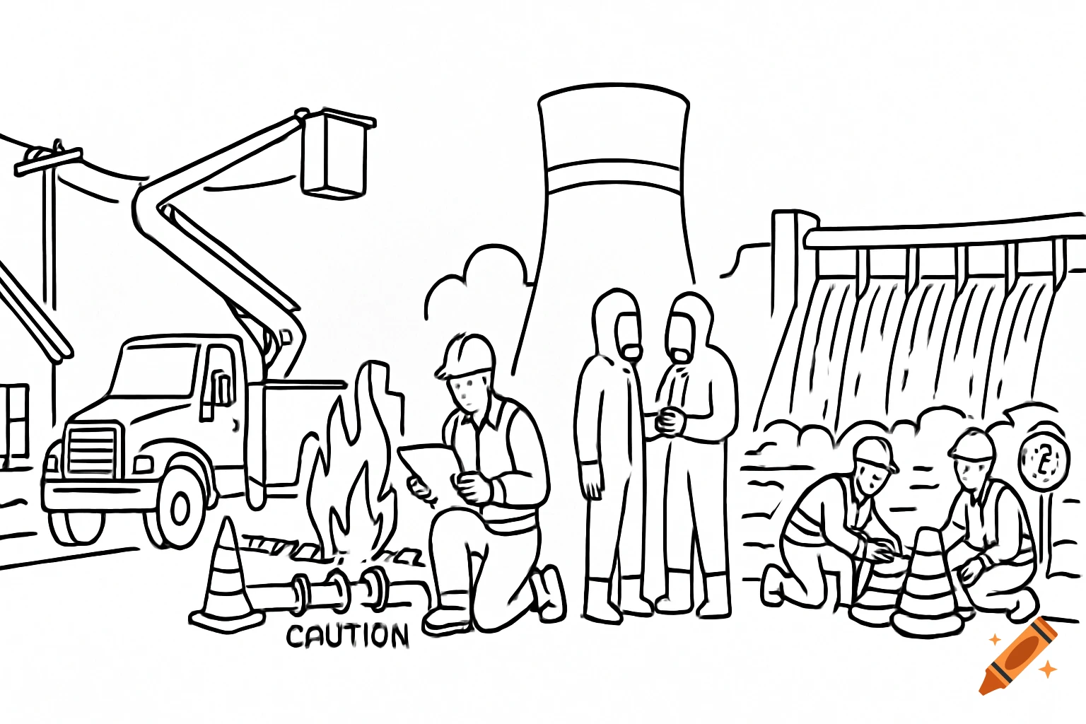 Black and white line art of emergency management scenes: power line repair, gas leak with 'CAUTION' sign, nuclear reactor, and hydroelectric dam.