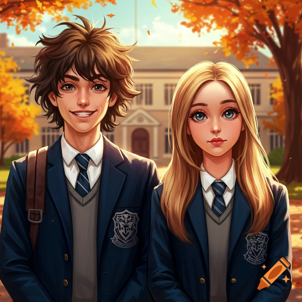 A boy and a girl in school uniforms stand smiling in front of a school building with autumn trees, in an anime style.