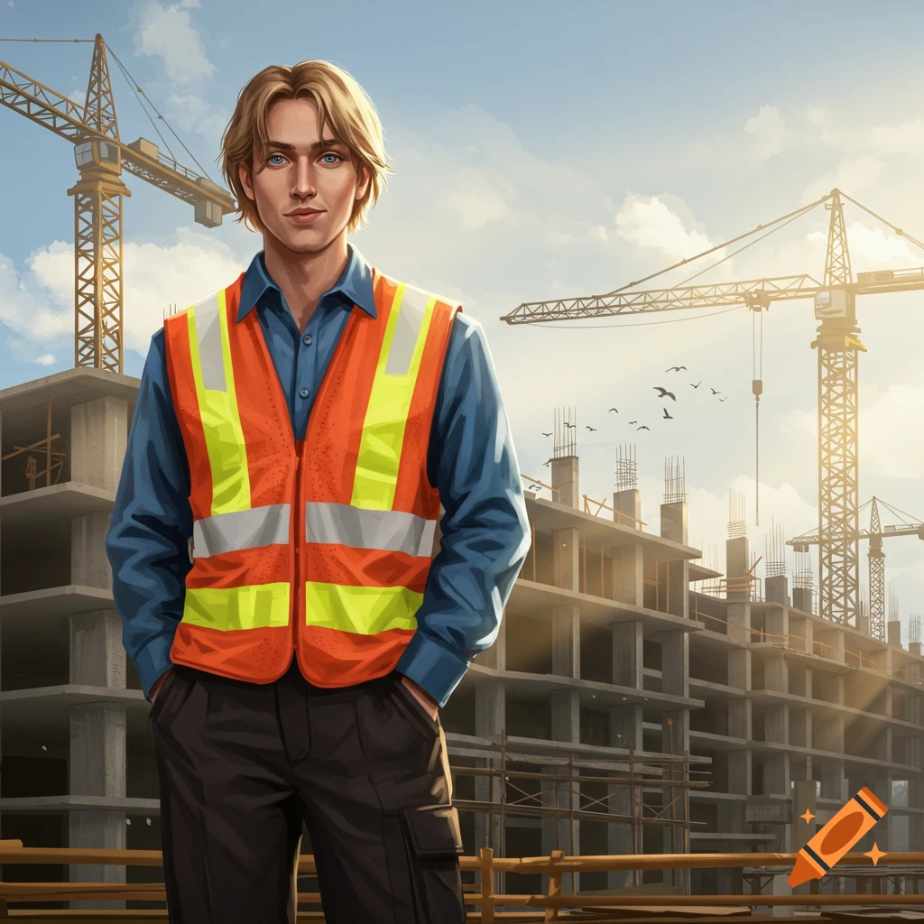 A male construction worker stands with hands in his pockets at a construction site with cranes and unfinished buildings under a cloudy sky.