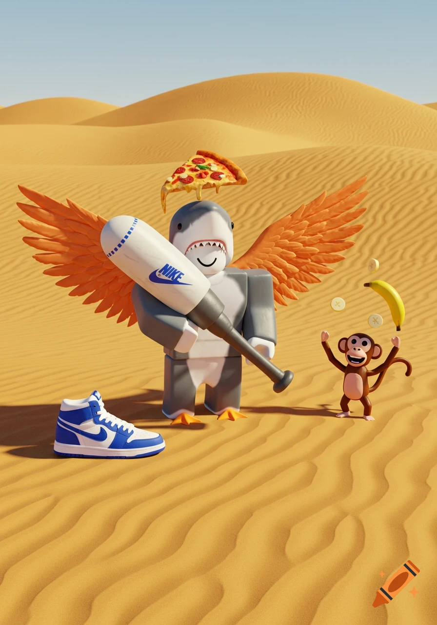 A Roblox-style shark with wings and a pizza hat holds a Nike bat in a desert, with a monkey juggling bananas and a Nike shoe nearby.