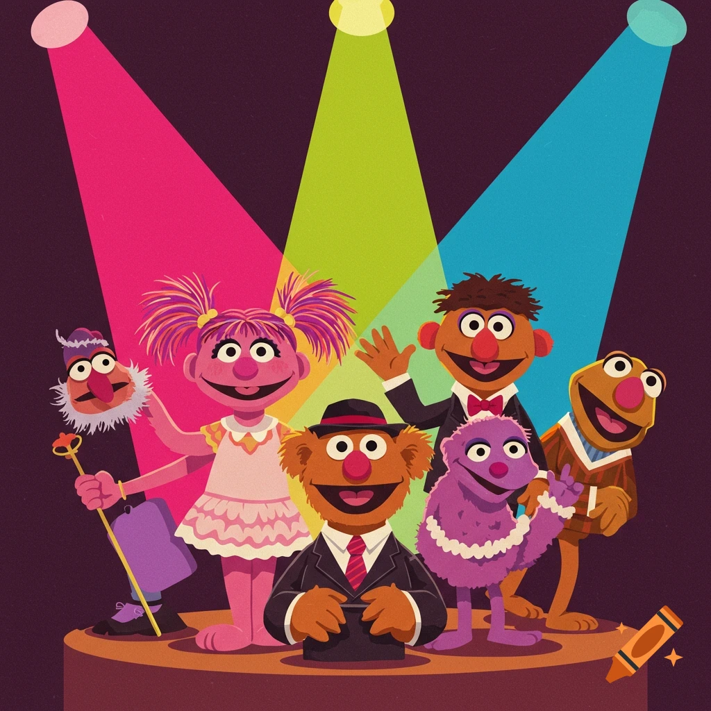 Colorful puppet-like characters, resembling Muppets, on a stage under bright spotlights.
