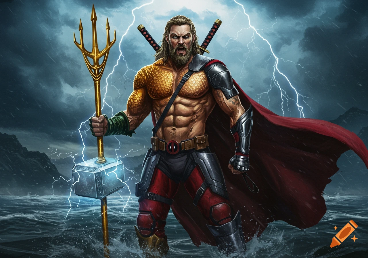 A bearded, muscular superhero with a red cape and armor, a mashup of Aquaman, Thor, and Deadpool, stands in stormy seas holding a trident and hammer, with lightning in the sky.