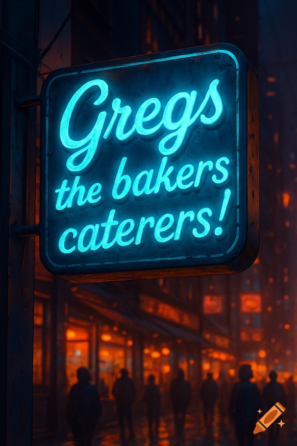 A vibrant blue neon sign for 'Gregs the bakers caterers!' hangs above a bustling, orange-lit city street at night.