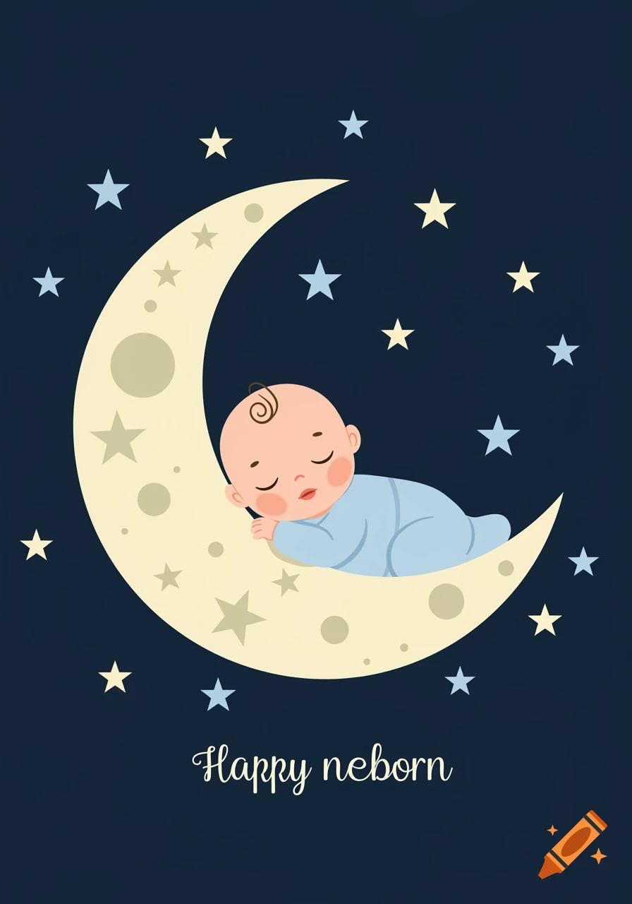 Cartoon illustration of a baby sleeping on a crescent moon with stars in a night sky, with 'Happy neborn' text.
