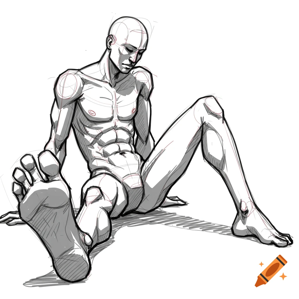 A black and white sketch of a male figure sitting with one leg extended, demonstrating foreshortening and anatomical structure.