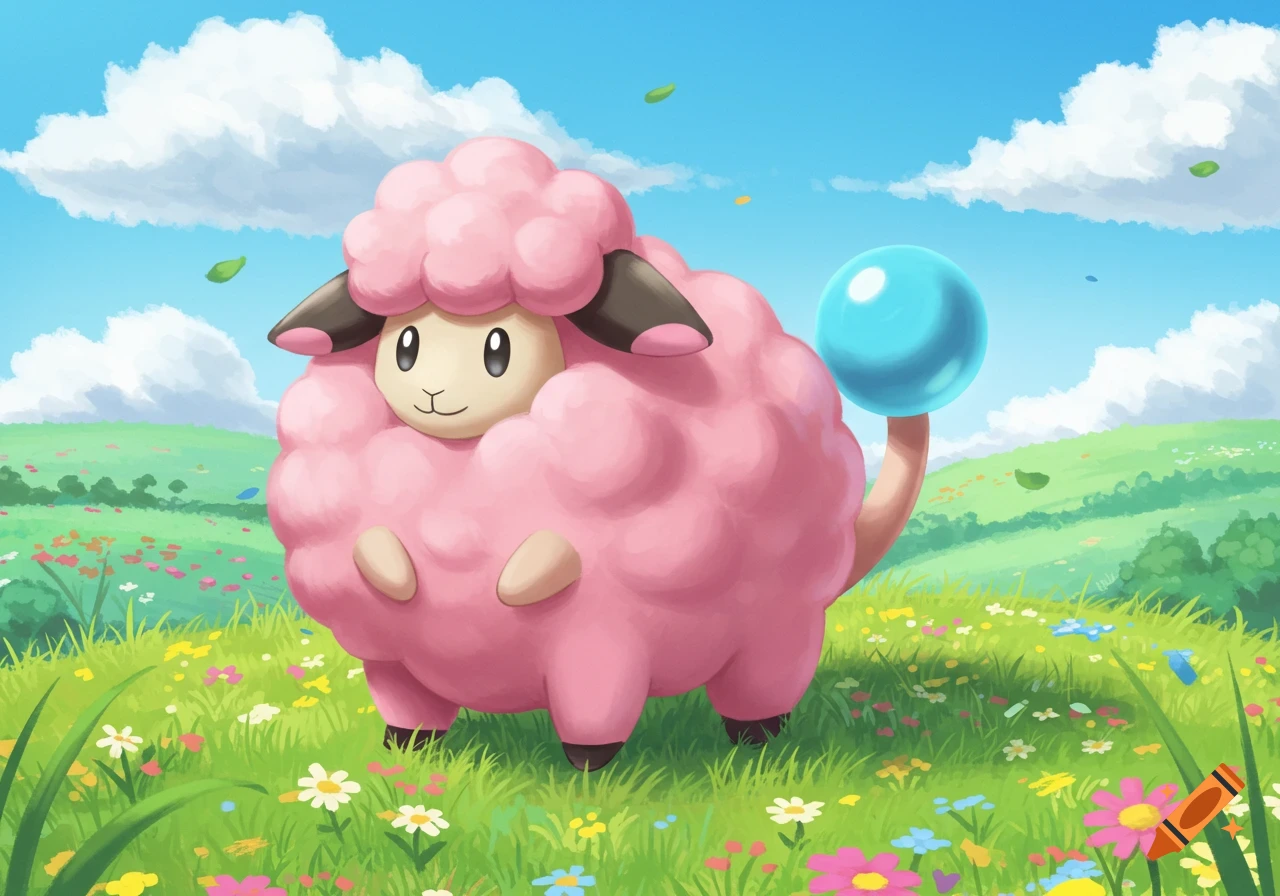 A cute pink Flaaffy Pok on stands in a green field filled with colorful flowers under a blue sky.