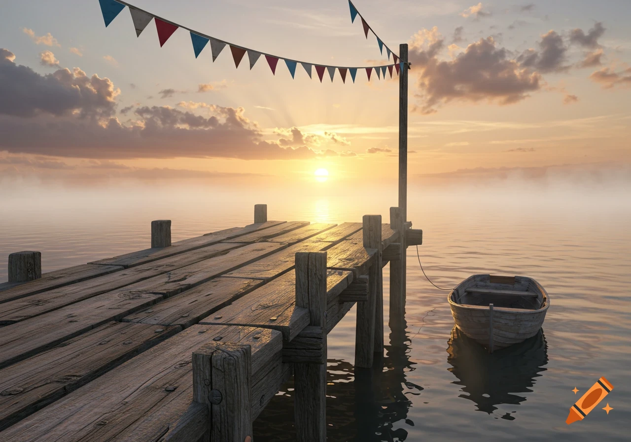 A wooden wharf extends into misty water with a small boat tied to it, under a colorful string of flags at sunset.