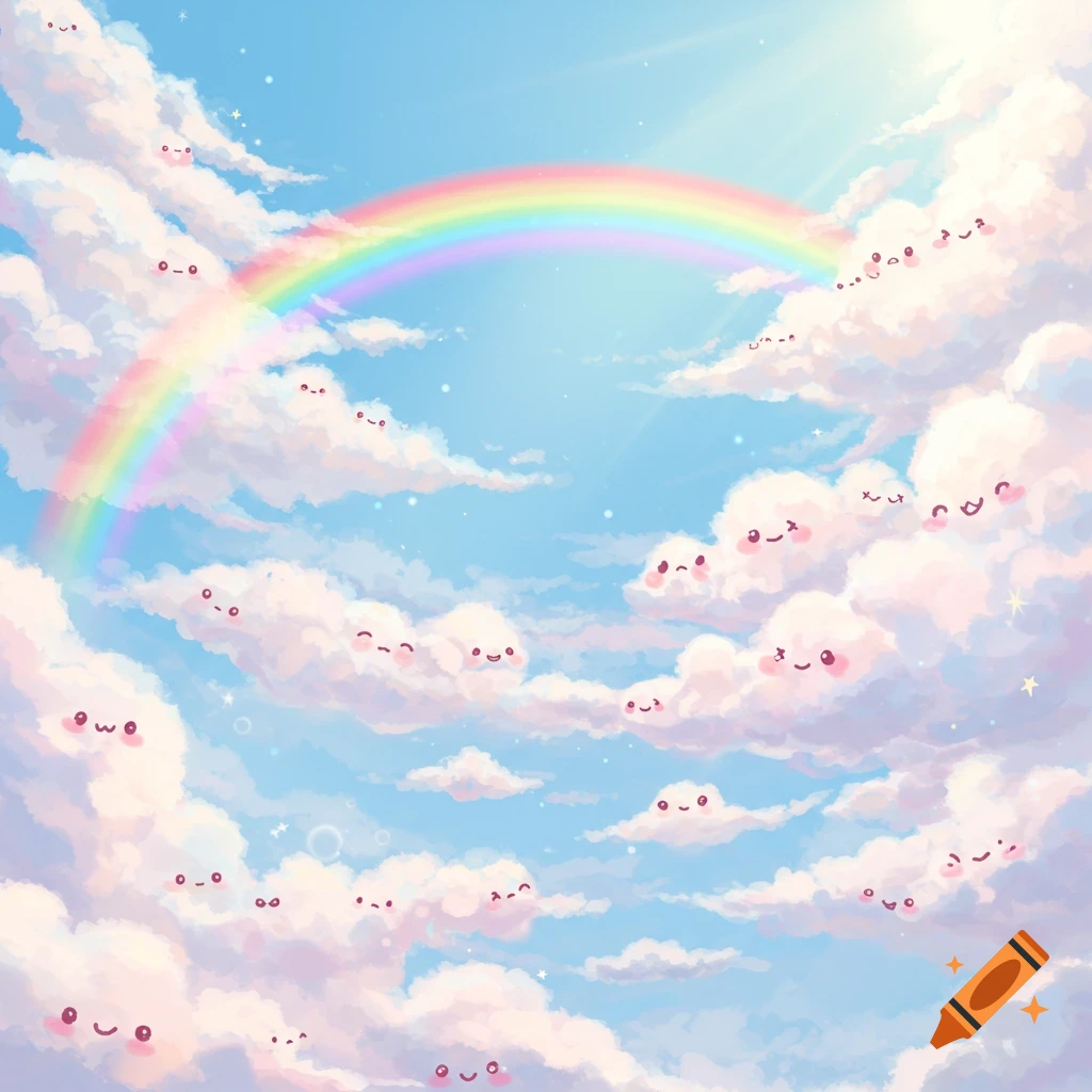 An anime-style sky with a colorful rainbow and numerous cute, smiling clouds.