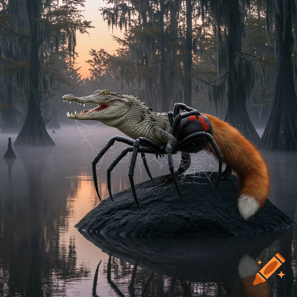 A photorealistic hybrid creature with an alligator head, black widow spider body, and fox tail stands on a rock in a misty swamp at sunset.