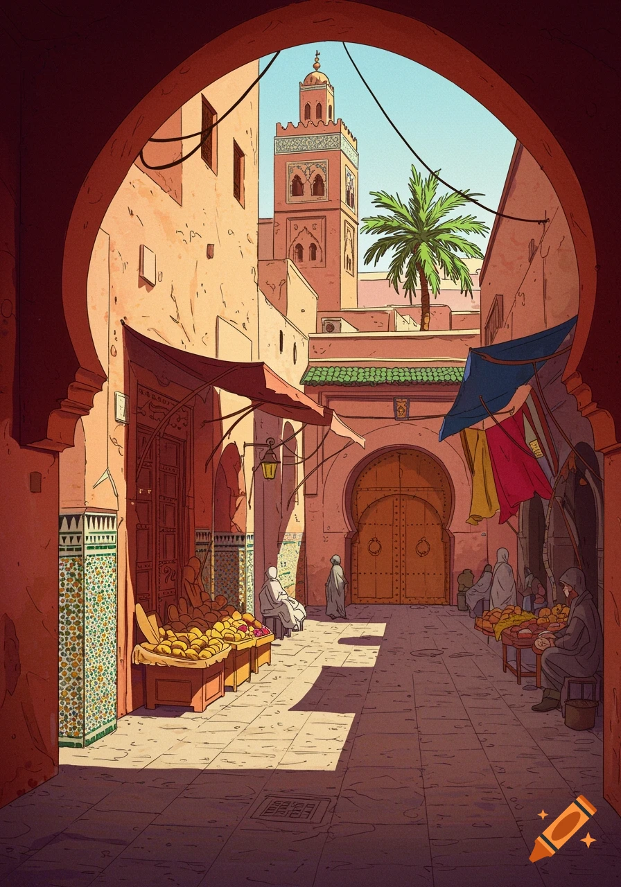 An illustration of a vibrant Marrakech street scene with market stalls, vendors, and a minaret under a clear sky.