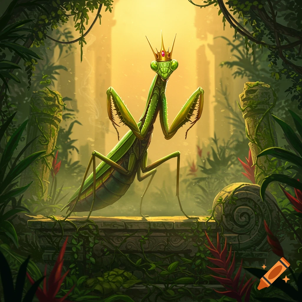 A regal praying mantis wearing a golden crown stands on an ancient stone wall in a lush, sunlit jungle ruin.