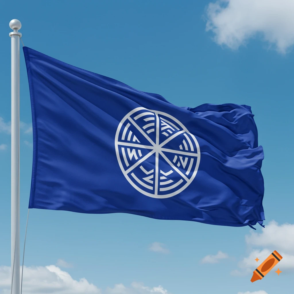 A blue flag with a white circular design featuring parallel lines and knot shapes waves against a clear blue sky.
