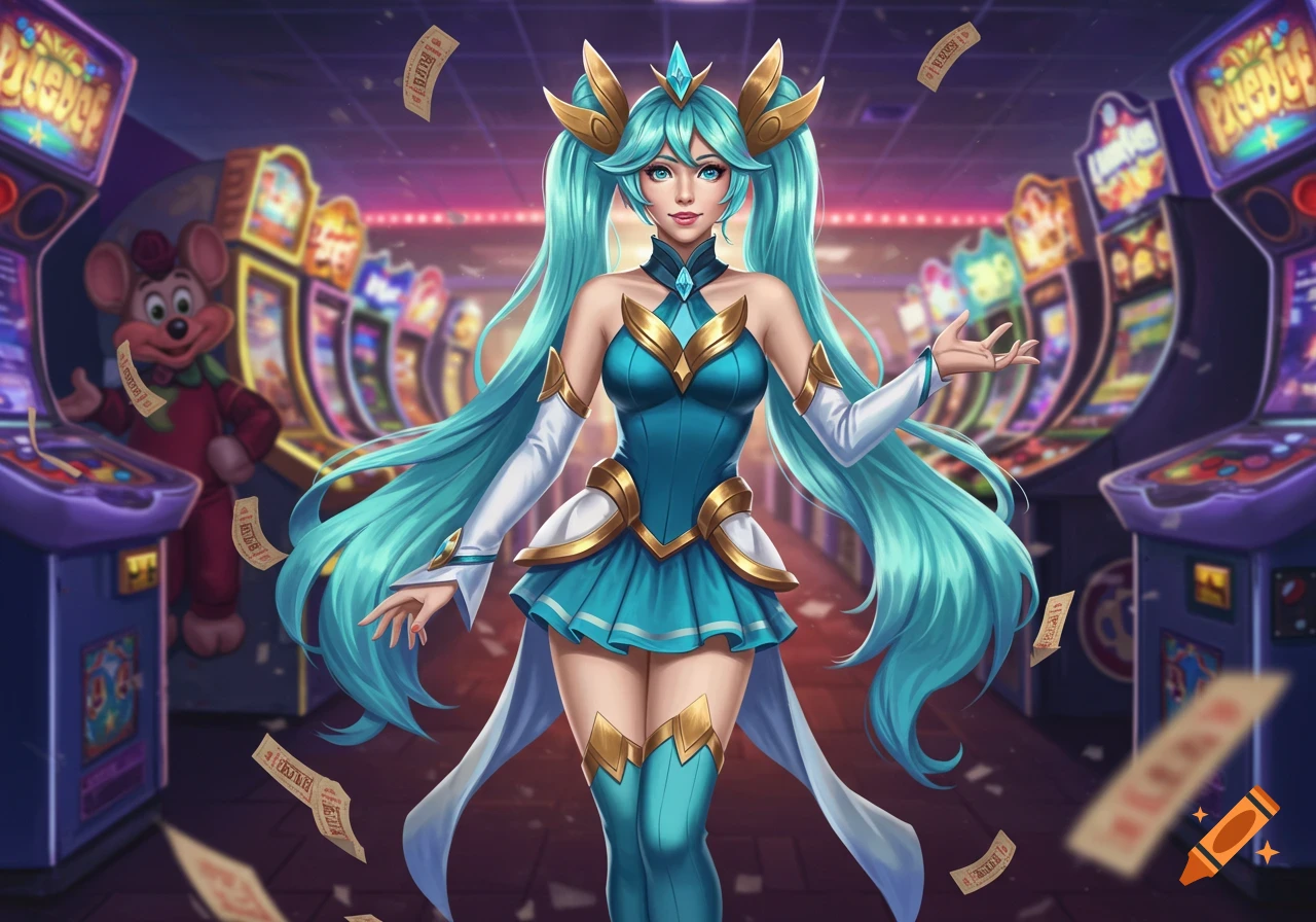 A woman in a teal and gold fantasy costume with long blue pigtails stands in an arcade with tickets falling.