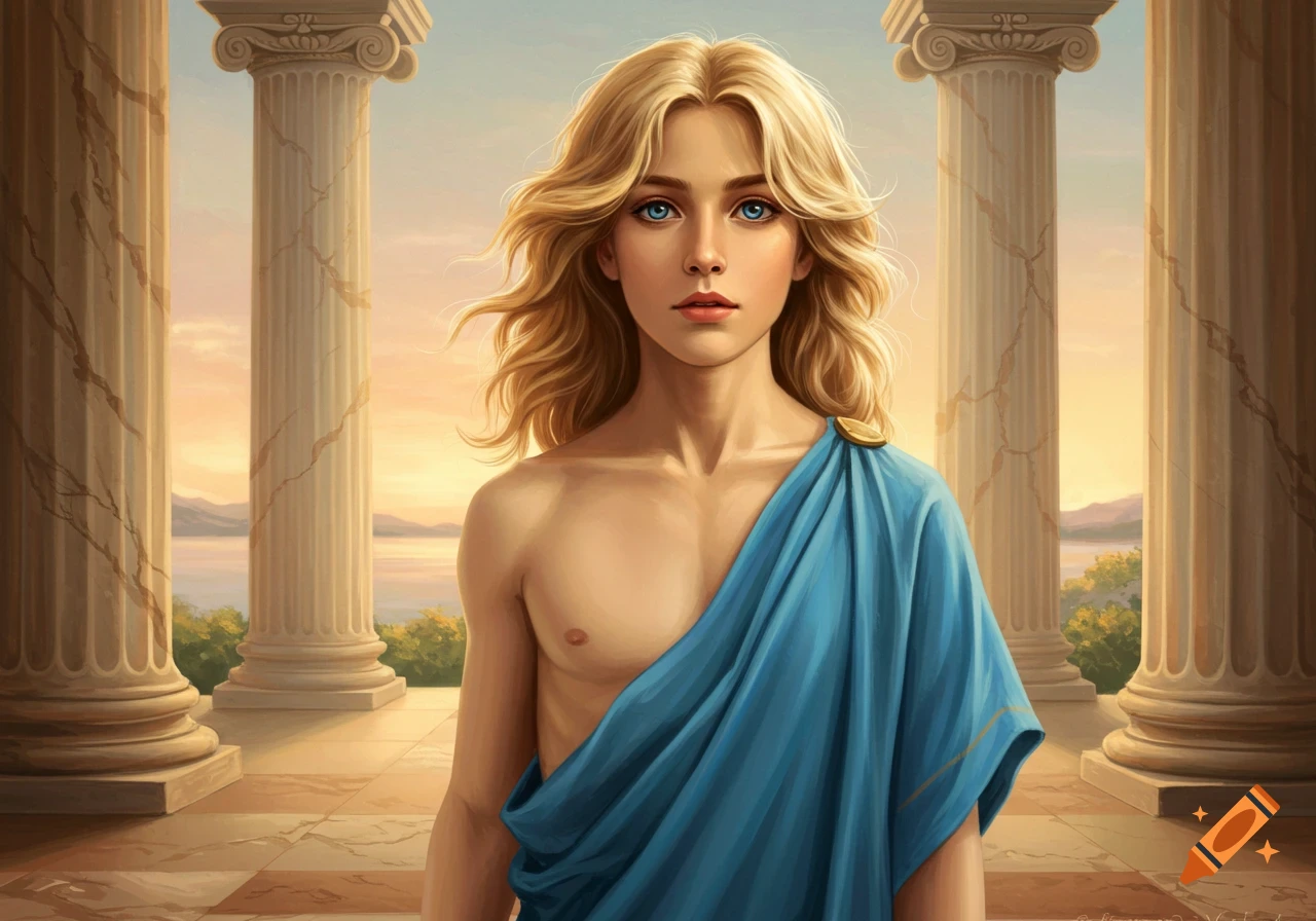 An idealized young boy with long blond hair and blue eyes, wearing a blue draped tunic, stands among ancient columns at sunset.
