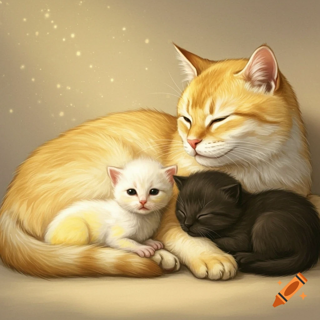 A warm golden cat with closed eyes lovingly cuddles a white kitten with open eyes and a sleeping black kitten.